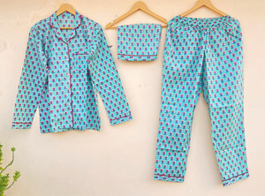 Women's Pure Cotton V-neck Block Print <b>Pyjamas</b> Jungle Animal Print Indian Loungewear 3-Piece Set Front Eco-Friendly Unique Gift - Product Image 1