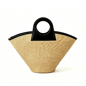 Customized Natural straw ring handle tote bag, <b>black</b> <b>patent</b> contrast trim woven <b>handbag</b>, fan‑shaped straw shopper - Product Image 1