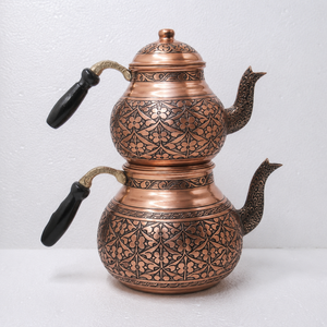 Traditional Turkish Copper <b>Tea</b> Kettle <b>Set</b> Handmade Enamel Copper Teapot Samovar Wooden Handle Hotel Restaurant Wholesale OEM - Product Image 2