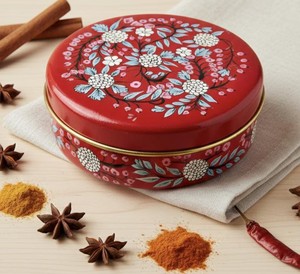 Premium Printed Iron Masala Dabba Round Spice Storage <b>Box</b> with Floral Design Lid for Indian Kitchen Decorative Printed Iron <b>Box</b> - Product Image 1
