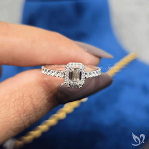 0.5 Carat Emerald Cut Halo <b>Diamond</b> <b>Ring</b> Lab Grown Stone Pave Band White Gold Engagement <b>Ring</b> - Product Image 5
