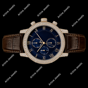 Reloj de Lujo para Hombre con Esfera Azul y Tono Dorado, Correa de Cuero, Bisel con Piedras Brillantes, Estilo Cronógrafo, Reloj de Moda - Product Image 3