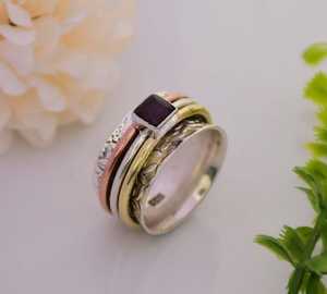 Wholesale Natural Red <b>Garnet</b> Spinner <b>Ring</b> 925 Sterling <b>Silver</b> Handmade Rotating Fidget <b>Ring</b> Vintage Beaded Red Gemstone <b>Ring</b> - Product Image 3