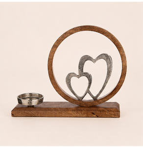 Handmade Rustic Mango Wood Candle Holder With Decorative Metal Double Hearts Elegant Silver & Brown Tealight <b>Stand</b> For Home - Product Image 5