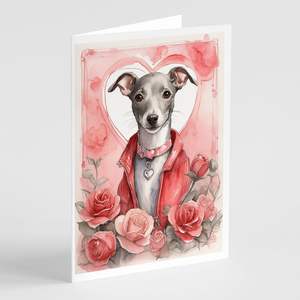 Lévrier Italien Fantaisiste Valentine Roses Pack 8 A7 Taille 5x7 Cartes de Note Vierges avec Enveloppes Collection de Cartes de Vœux - Product Image 1