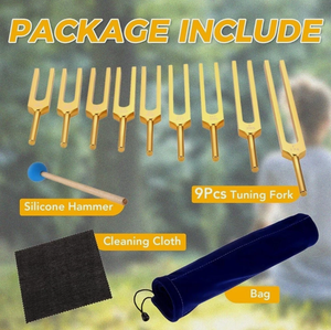 Ensemble de 9 diapasons Solfeggio dorés avec sac à marteaux en silicone pour la guérison et l'étalonnage des instruments de musique - Product Image 4