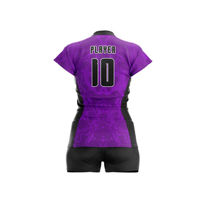 Ensemble de volley-ball noir et violet tourbillonnant pour femmes, maillot et short personnalisés sublimés, motif dynamique, tenue d'équipe - Product Image 3