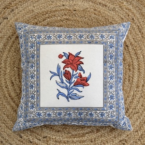 Premium Cotton Hand Block Square <b>Cushion</b> Cover with Red Blue Floral Print for Home & Hotel Decor - Product Image 1