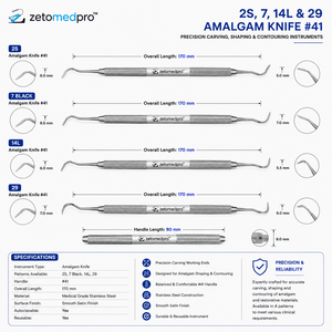 มีดอัลมาลกัมสแตนเลสสตีลสำหรับงานทันตกรรม รุ่น Dental 2S, 7, 14L, 29  สำหรับแกะสลัก ขึ้นรูป และปรับรูปทรง  OEM Zetomed Pro - Product Image 3