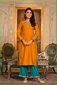 Conjunto de Kurta Maharani Bordado con Dori Color Mostaza - Product Image 5