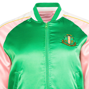 Crest Satin Bomber <b>Jacket</b> Pink and Green <b>Women</b> Sorority Inspired Embroidered Varsity Coat <b>Lightweight</b> Casual Greek Style - Product Image 5