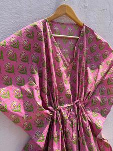 Women's Floral Print 100% Cotton Maxi <b>Kaftan</b> Dress V Neck Batwing Sleeves Drawstring Eco-Friendly <b>Beach</b> Cover-Up Resort Lounge - Product Image 3