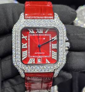 Montre Hip Hop de Luxe Unisexe Entièrement Sertie de Pierres et Bracelet en Acier Inoxydable Rouge Corodile, Mouvement Mécanique de Haute Qualité avec Véritable Moissanite - Product Image 5