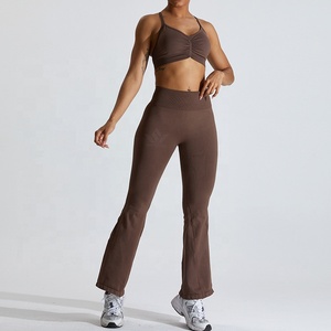Women's Black 2 Piece Yoga Set Ruched Sports Bra High Waist <b>Flared</b> <b>Leggings</b> Seamless Stretch Activewear - Product Image 2