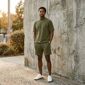 Conjunto de Verano Personalizado para Hombre en Verde Oliva Monocromático, Transpirable, de Felpa, Camiseta Minimalista de Cuello Alto y Manga Corta, Pantalones Cortos a la Medida - Product Image 4