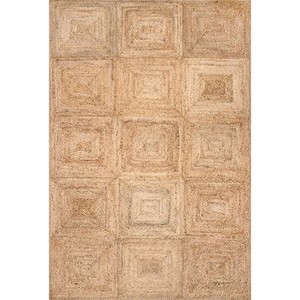 Tapis en jute fait main, motif géométrique, tissage plat, couleur naturelle, style farmhouse, écologique, décoration de salon - Product Image 1