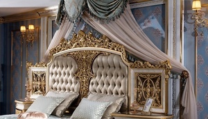 Luxury Royal Mahogany Wood <b>Bedroom</b> Set Gold Carved King Size Bed with Grand Wardrobe 2 Nightstands and <b>Dressing</b> <b>Table</b> Set - Product Image 2