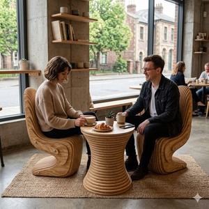 Modern Wood Cantilever Chair and Table Set with Grooved Design for Living Room Use - Product Image 4