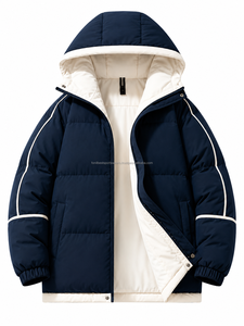 Chaqueta Acolchada con Capucha Azul Marino para Hombre, Informal de Invierno, Gruesa, Resistente al Viento, con Relleno de Poliéster, Cierre de Cremallera, Corte Holgado - Product Image 1