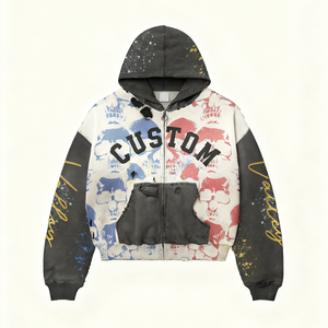 Vintage Washed Heavyweight Cotton Hoodie <b>Mens</b> Oversized Zip-Up Sunfaded Graphic Hoodie with Custom Screen Print and Rhinestone - Product Image 5