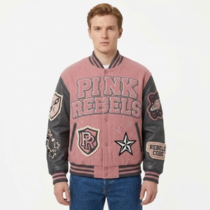 <b>Mens</b> Rust Orange Cream <b>White</b> Baseball Varsity Jacket Deluxe Fleece Body PU Leather Sleeves Warm Casual Snap Front <b>Coat</b> - Product Image 2