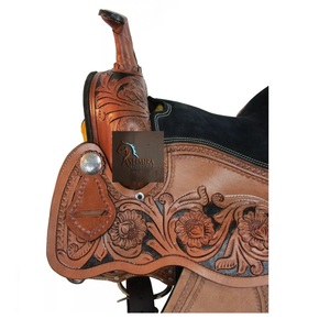 Selle de cheval western en cuir marron repoussé avec gravures florales, siège en daim noir orné de cristaux transparents, avec kit de harnais, 10-18 pouces - Product Image 6