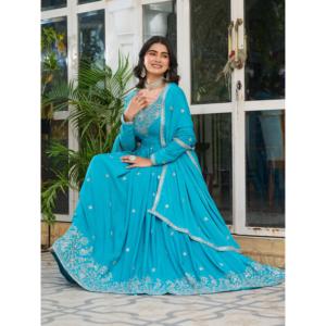 Robes de soirée de créateur - Robe Anarkali pour les fêtes avec des travaux de broderie et de paillettes - Product Image 4