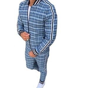 Now Trending Men's Check Print Sublimated Bomber <b>Jacket</b> Tracksuit Zip Enclosure Ribbed Hem & Cuffs Stripe Zipper Sweat Suit - Product Image 1