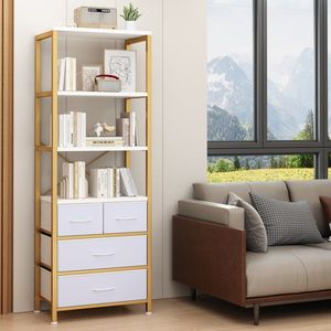 Libreria 60*35*174cm con Telaio Dorato, 6 Ripiani e 3 Cassetti, in Truciolato con Struttura in Ferro e Tessuto Non Tessuto - Product Image 3