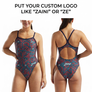 Maillot de bain femme 220 GSM en polyester et élasthanne, imprimé intégral, dos nageur, bleu marine, rouge, vert sarcelle, motif géométrique, logo personnalisé, haute extensibilité - Product Image 1
