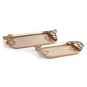 Ensemble de plateaux de service rectangulaires de luxe en métal doré pour la restauration, avec poignées élégantes en forme de branche de grenade, pour hôtels et traiteurs, vente en gros - Product Image 2