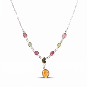 Natural Multi Tourmaline Necklace 925 Sterling Silver Handmade Gemstone Adjustable Link Chain Necklace Minimalist <b>Gift</b> for Women - Product Image 1