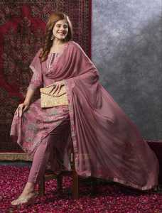 Ensemble indien pakistanais brodé de fleurs roses en rayonne, kurta, pantalon et dupatta, tenue traditionnelle pour femmes pour les mariages et le bureau - Product Image 4