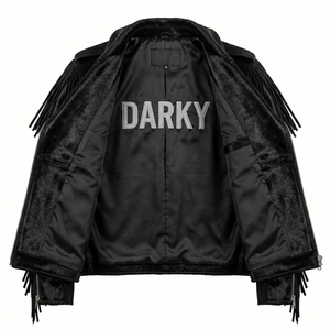 Chaqueta de cuero negra personalizada al por mayor para hombre con pelo de vaca, flecos, estilo motero, con tachuelas de metal pesado y cadena, estilo punk, fabricante de prendas de abrigo. - Product Image 4