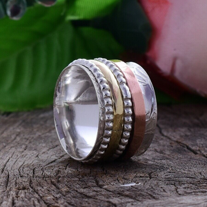 Three Tone <b>Spinner</b> Band <b>Ring</b> 925 Sterling Silver Handmade Anxiety Relief Jewelry - Product Image 1