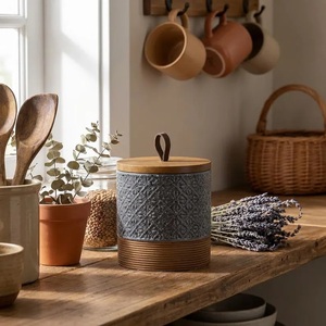 Artisan Ceramic <b>Kitchen</b> Canister Wooden Seal Lid Textured <b>Storage</b> Jar Freshness Lock Counter Organizer Luxury Farmhouse Accent - Product Image 6