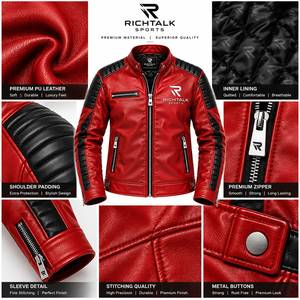 Blouson de moto pour homme en cuir véritable rouge respirant, col montant, fermeture éclair frontale, coupe-vent, style streetwear, idéal pour le printemps - Product Image 6