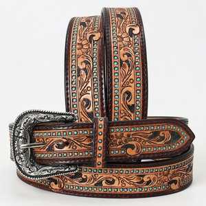 Ceinture en cuir brodée de fleurs occidentales avec boucle ardillon argentée, style décontracté durable, usage quotidien intensif - Product Image 1