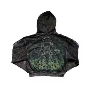 Sudadera con capucha y cremallera para hombre, con estampado de estrella tribal y pedrería, lavado ácido, gris vintage 2026, oversize, estilo streetwear Y2K, con gráfico de cruz de cristal azul - Product Image 2