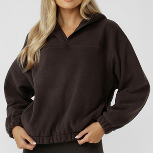 Women's Oversized Hooded Pullover Sweatshirt Solid Color Long Sleeve Drop Shoulder <b>Fleece</b> <b>Zipper</b> Front Autumn Wear - Product Image 1