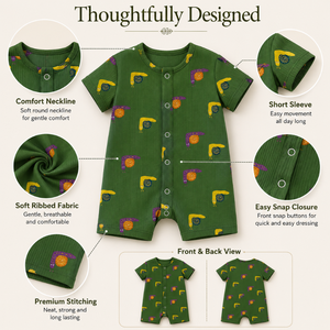 Romper de Manga Corta Acanalado para Bebé, 100% Algodón Verde |   Conjunto de una pieza suave para bebé, unisex, con broches frontales, para uso diario, personalizado - Product Image 3