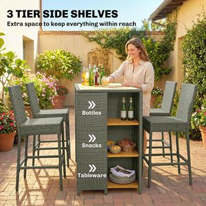 Set da bar da esterno in legno di acacia a 5 pezzi con tavolo alto, sedie e scaffali a 3 livelli, cuscini grigi - Product Image 4