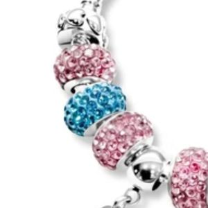 <b>Silver</b> Charm <b>Bracelet</b> with Pink and Blue Crystal <b>Beads</b> Round Medallion Pendant Elegant Women Fashion Jewelry Gift Accessory - Product Image 4