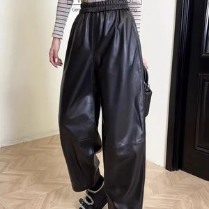 Pantalon Harem ample en véritable peau de mouton pour femme, taille élastique, en cuir véritable, style décontracté streetwear, nouvelle collection automne, confortable - Product Image 1