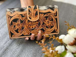 Pochette en cuir de vachette usiné à la main portefeuille à découper sac à main multi-usages portefeuille en cuir véritable porte-cartes à deux volets - Product Image 2