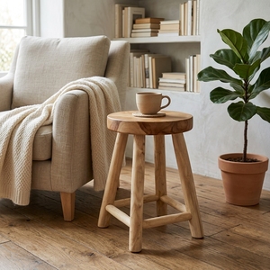 New Modern Minimalist Teak <b>Round</b> Wooden Stool Natural Solid Teak Log <b>4</b> Legs <b>Round</b> Side Accent <b>Table</b> Living Room Patio Outdoor - Product Image 5