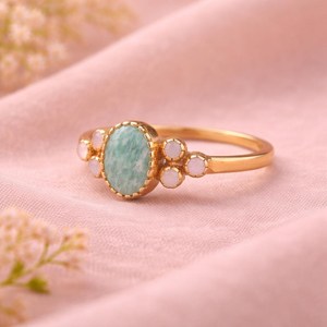 Brass Gold Plated Amazonite Stone Handmade Bohemia Christian Vintage Oval Gemstone <b>Ring</b> Delicate Stackable Womens Jewelry - Product Image 2