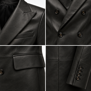 <b>Men's</b> Luxury Black <b>Leather</b> <b>Blazer</b> Double Breasted Tailored Fit Six Button Closure Peak Lapel Formal Wedding Suit Jacket Premium - Product Image 6
