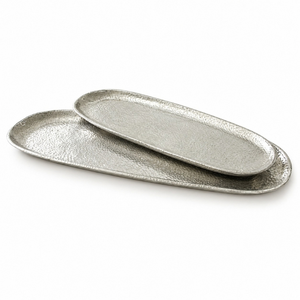 Elegant Silver Aluminium Oval Serving Tray Hammered Textured Design with Raised Rim | Decorative Dining Table Serveware <b>Platter</b> - Product Image 1