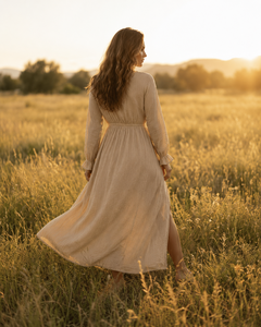 Robe longue fendue élégante de soirée à volants légers et taille smockée, personnalisable pour marque, vente en gros - Product Image 3
